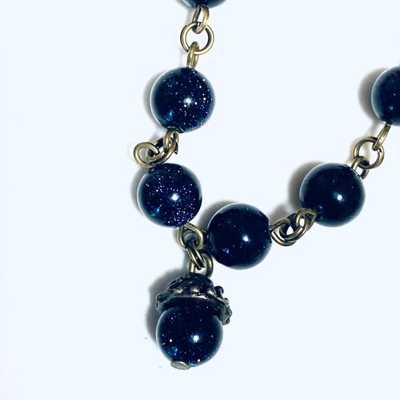 Dark Blue Goldstone Bronze Link Adjustable Short Necklace w/ Cute Acorn Pendant - Picture 4 of 15